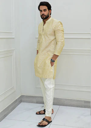 Label M by Mohib Butter Yellow Raw Silk Embroidered Kurta