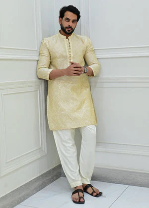 Label M by Mohib Butter Yellow Raw Silk Embroidered Kurta