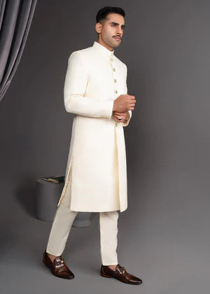 Ivory Self Texture Simple Sherwani - Dress Designers