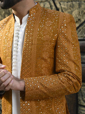 Golden Embroidered Front Open Princecoat - HK Fashion
