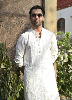 HK Fashion Off White Embroidered Lines Kurta Trouser For Wedding