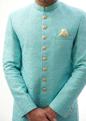 Sky blue Rawsilk all embroidered sherwani - House Of Arsalan Iqbal