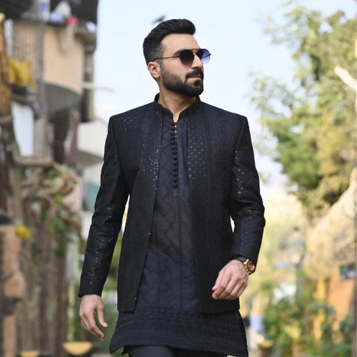 Black Embroidered Front Open Princecoat For Wedding - HK Fashion