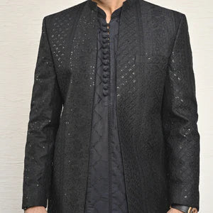 Black Embroidered Front Open Princecoat For Wedding - HK Fashion