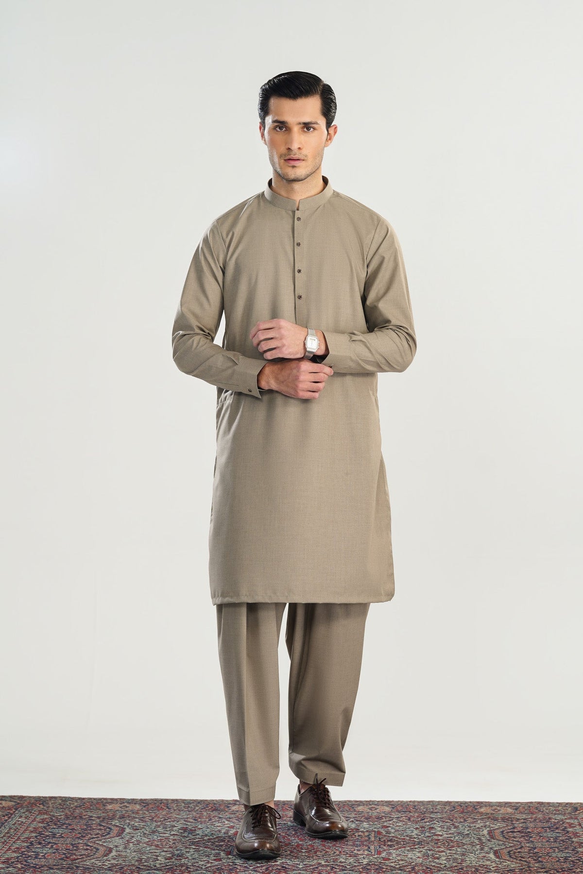 Sand Beige Blended Suiting Kameez Shalwar - Men