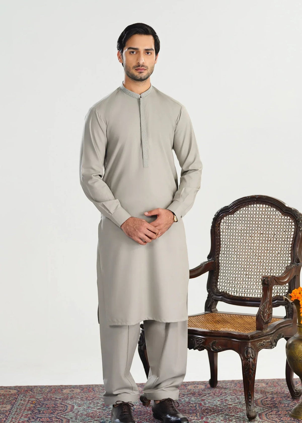 Formal Silver Beige Kurta Shalwar - Collar Neck Embroidered - Men