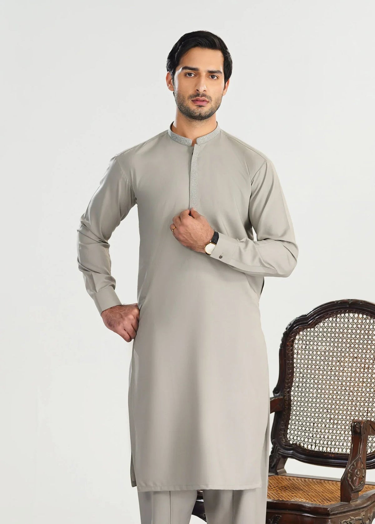 Formal Silver Beige Kurta Shalwar - Collar Neck Embroidered - Men