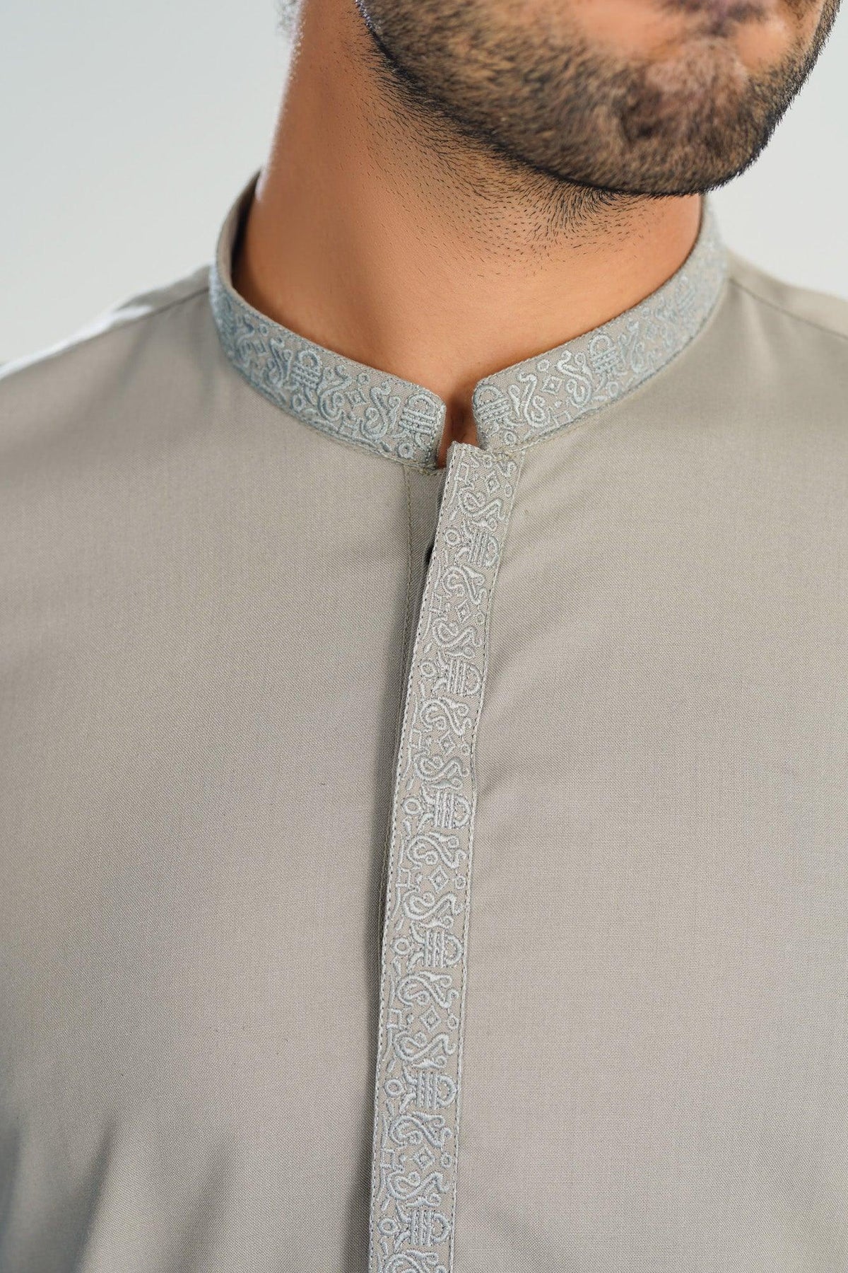 Formal Silver Beige Kurta Shalwar - Collar Neck Embroidered - Men