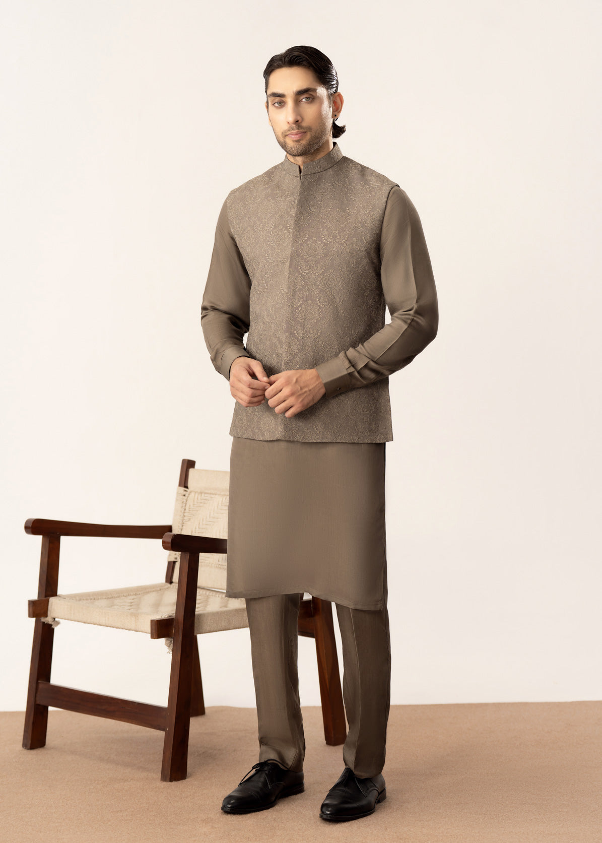 Taupe Kurta Trouser with Embroidered Waistcoat  - 3PC