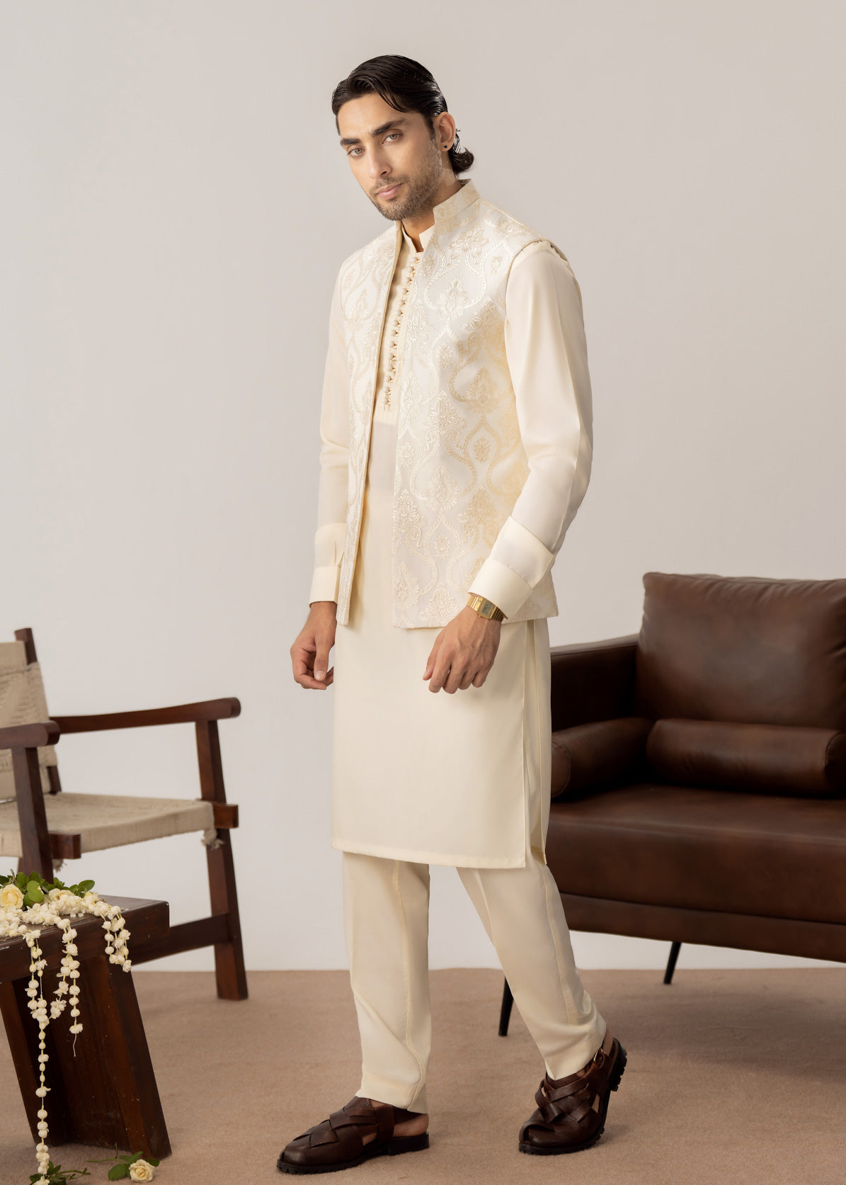 Bosky White Kurta Trouser with Open Embroidered Waistcoat  - 3PC