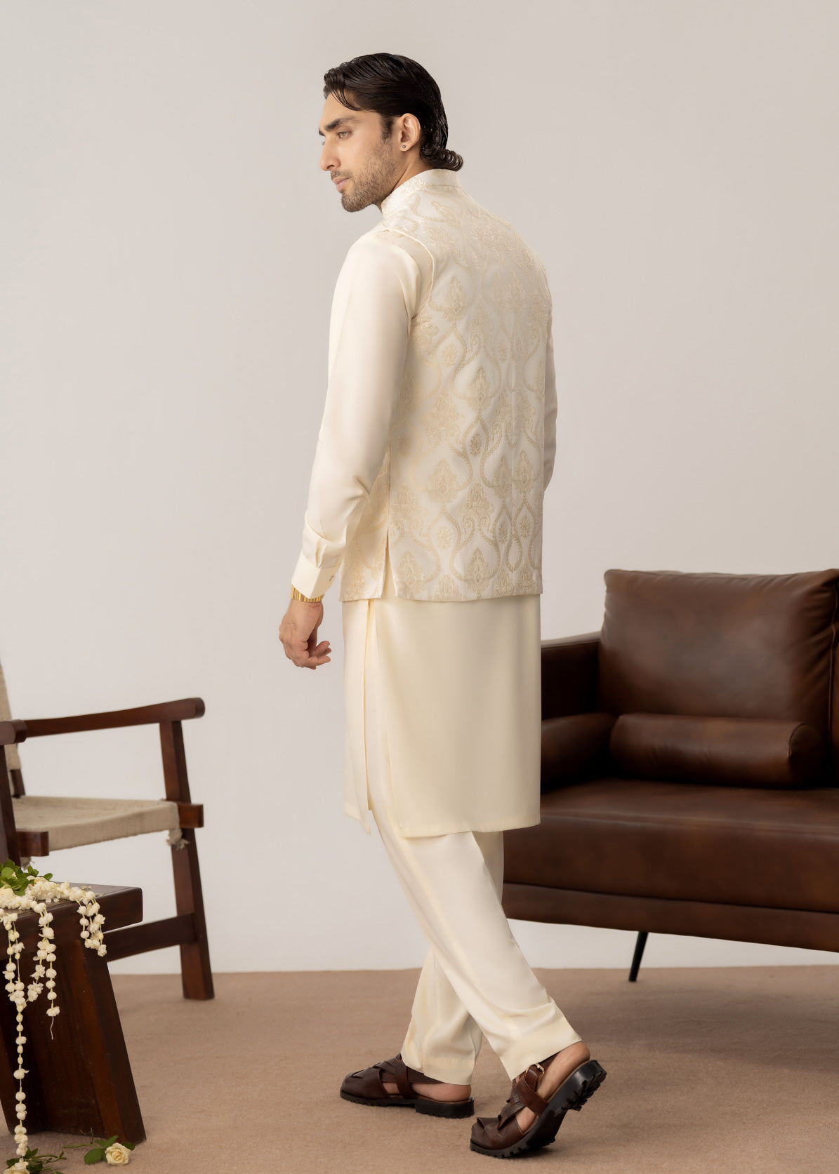Bosky White Kurta Trouser with Open Embroidered Waistcoat  - 3PC