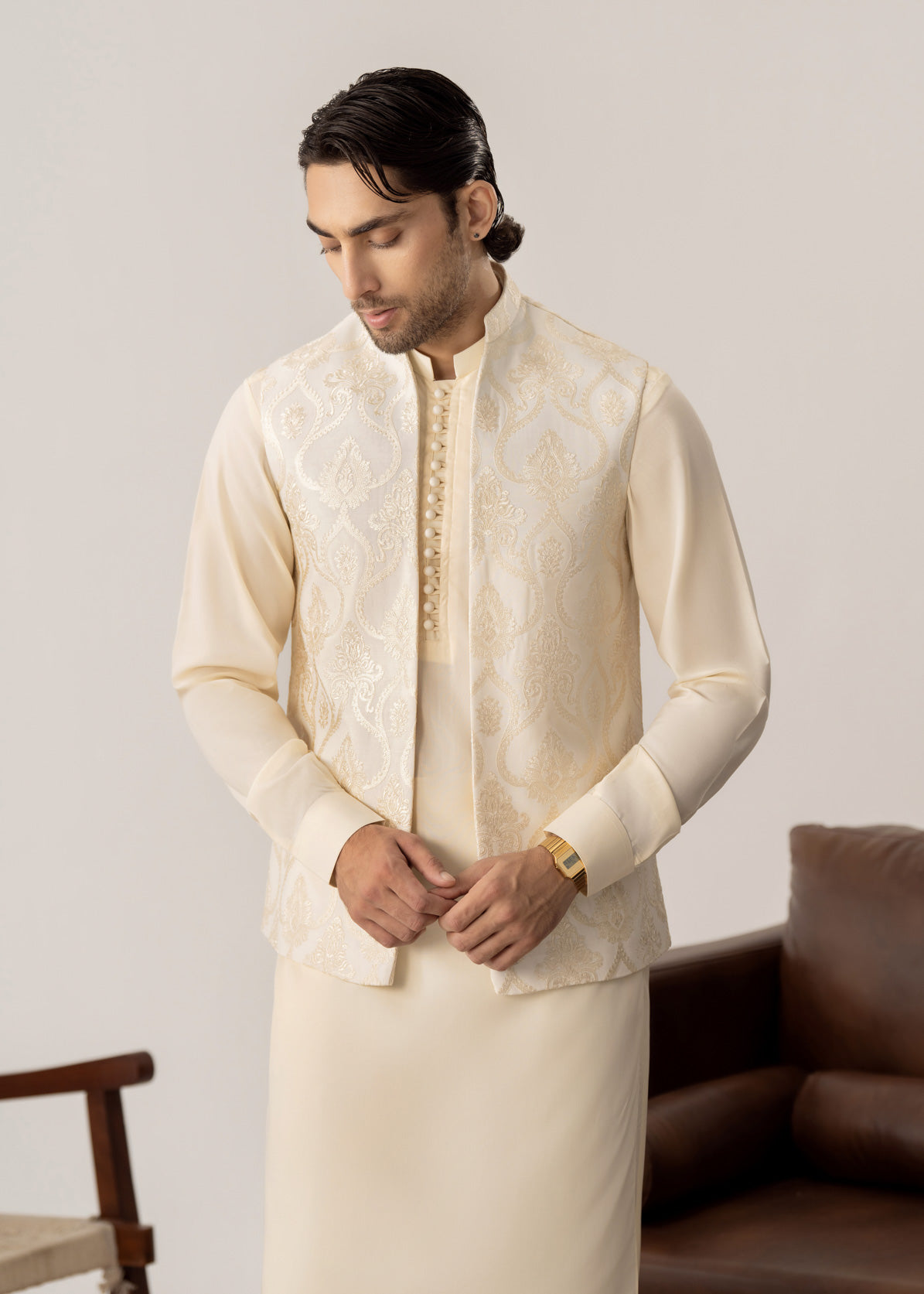 Bosky White Kurta Trouser with Open Embroidered Waistcoat  - 3PC