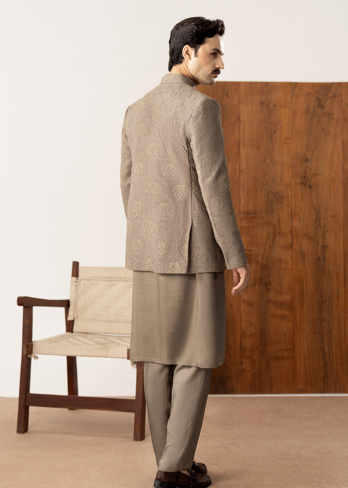 Taupe Kurta Trouser with Embroidered Open Prince Coat - 3PC