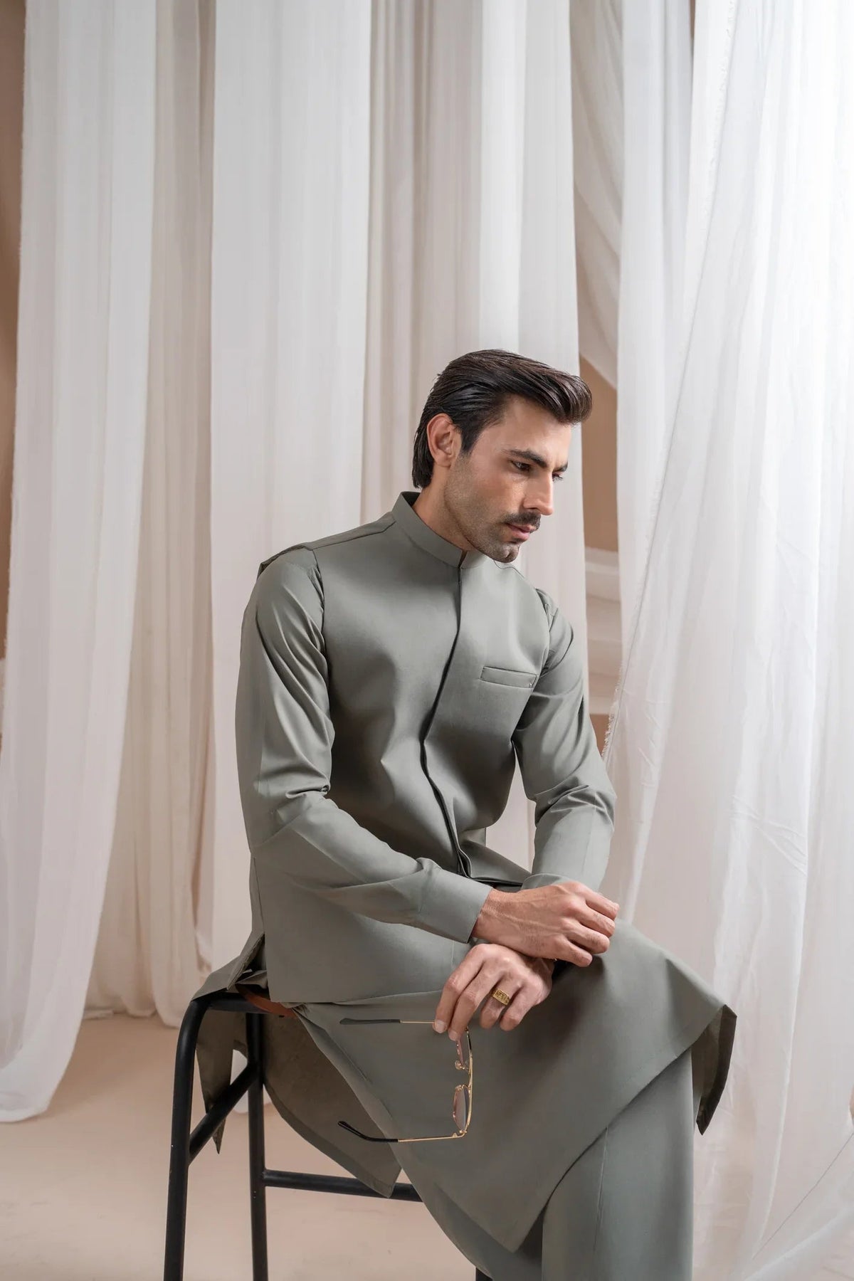 Sand Grey Luxury Formal Kameez Shalwar with Blended Waistcoat - Straight Cut - Men