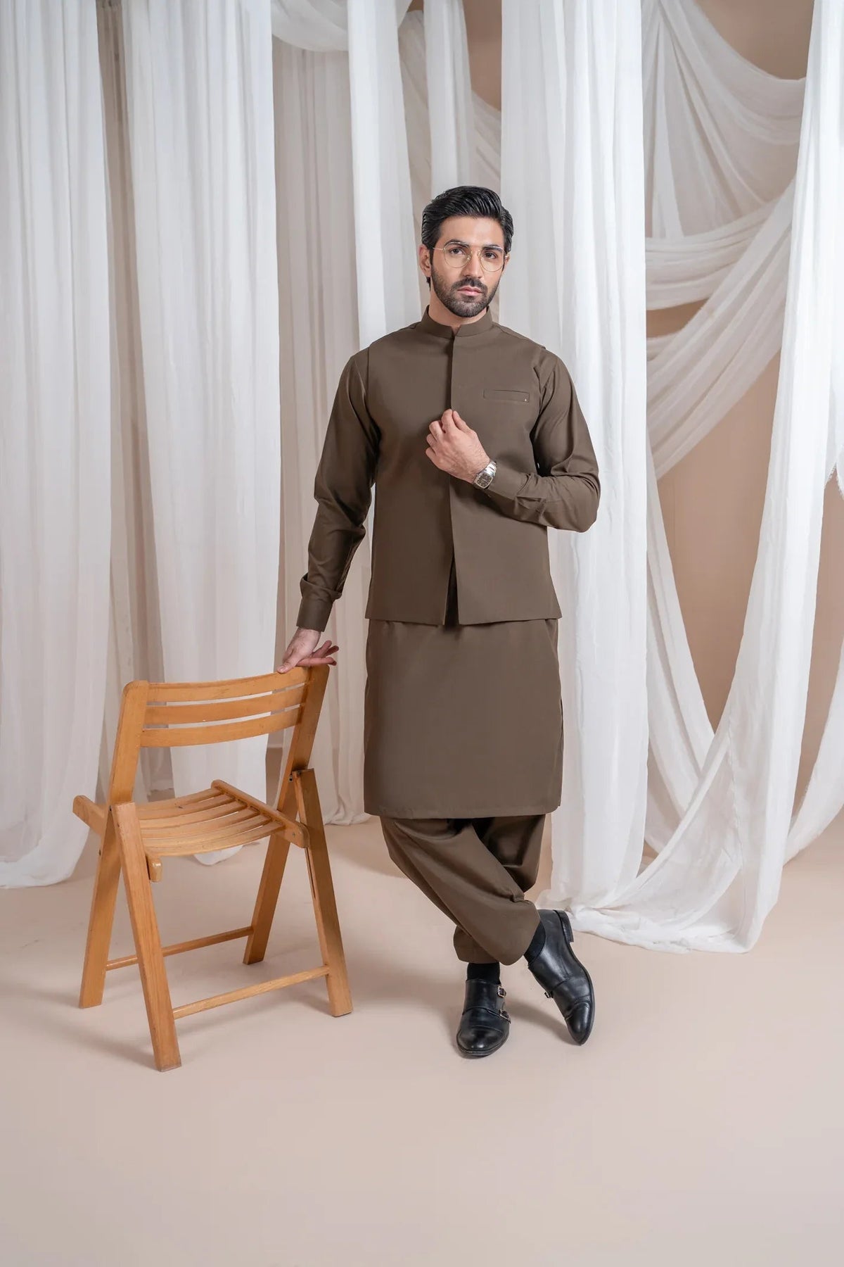 Light Brown Luxury Formal Kameez Shalwar with Blended Waistcoat - Straight Cut - Men