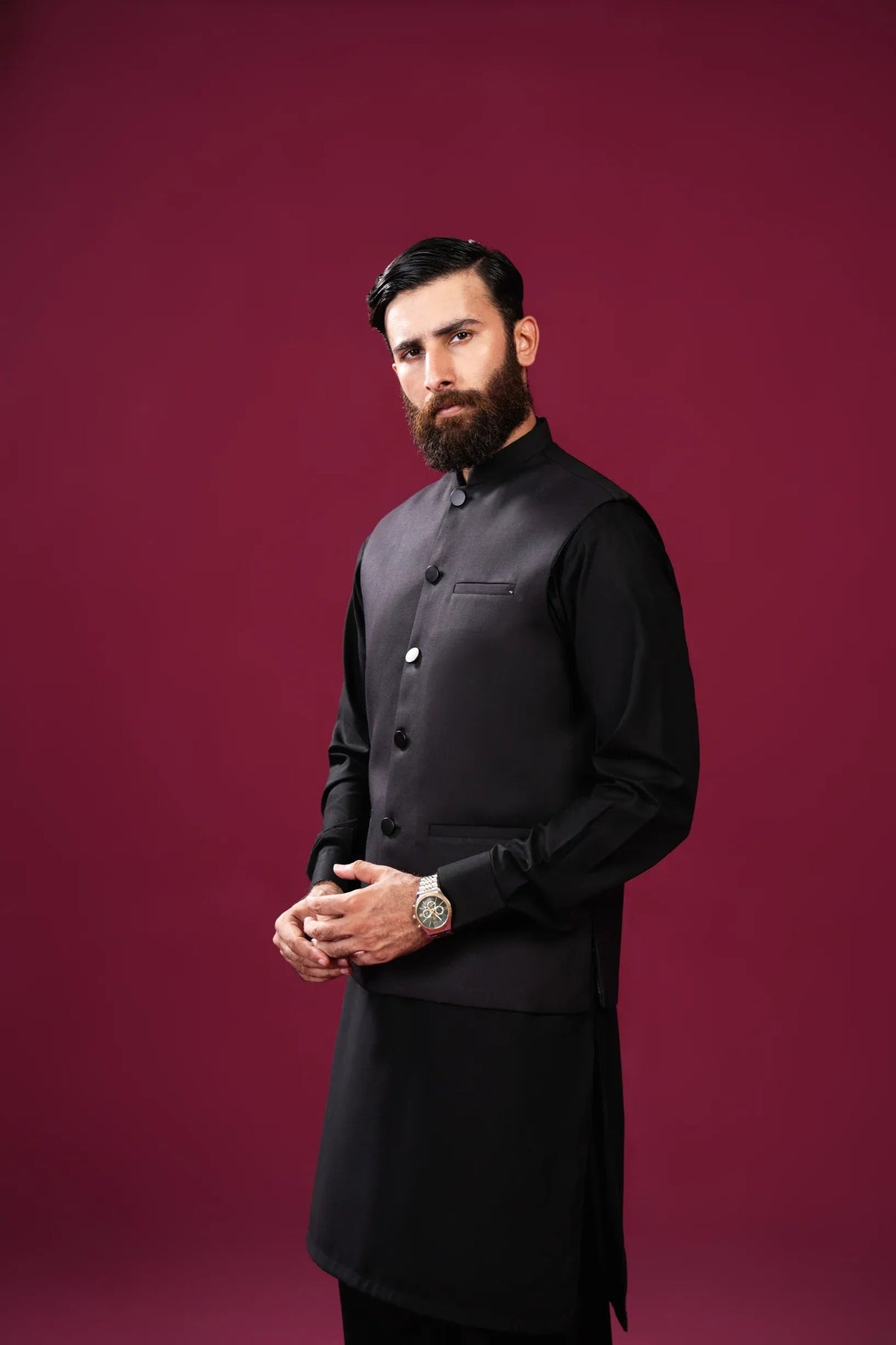 Black Suiting Waistcoat - Straight Cut Buttoned - Men