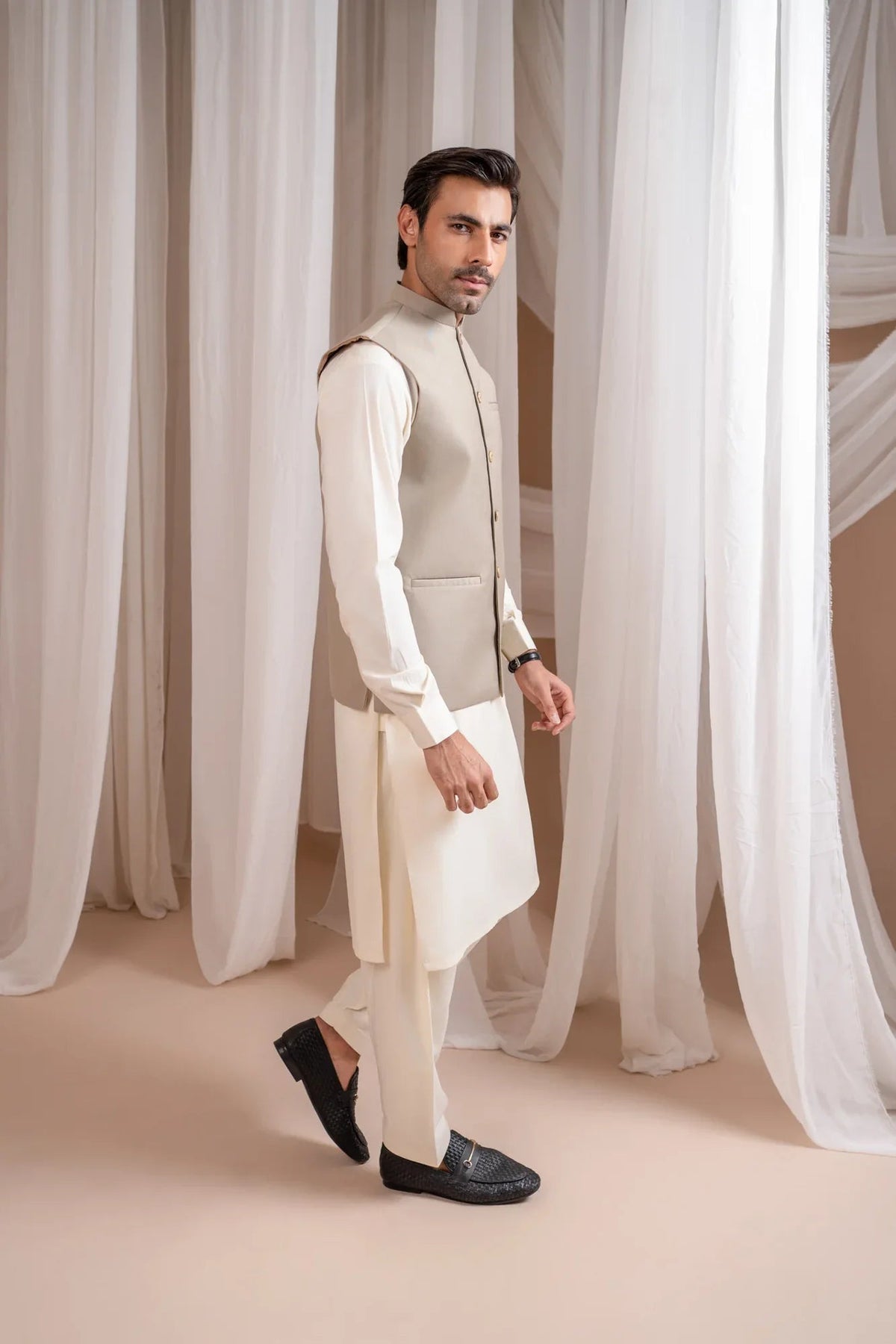 Bosky White Kurta Shalwar with Beige Suiting Waistcoat - Straight Cut - Men