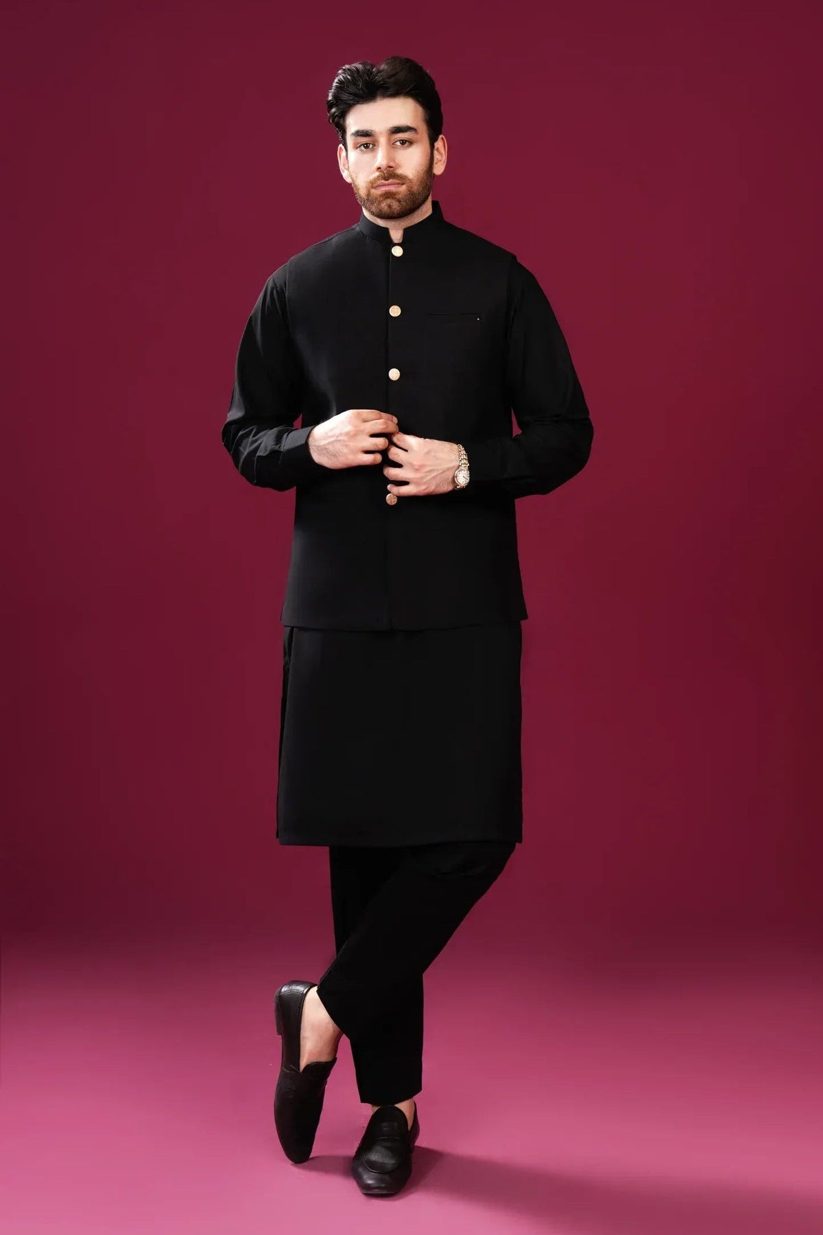 Black Kurta Trouser with Blended Waistcoat - Straight Cut - Men