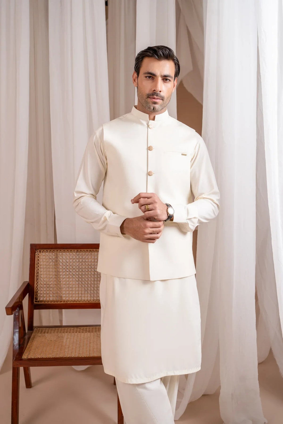 Bosky White Luxury Formal Kameez Shalwar with Blended Waistcoat - Straight Cut Buttoned - Men