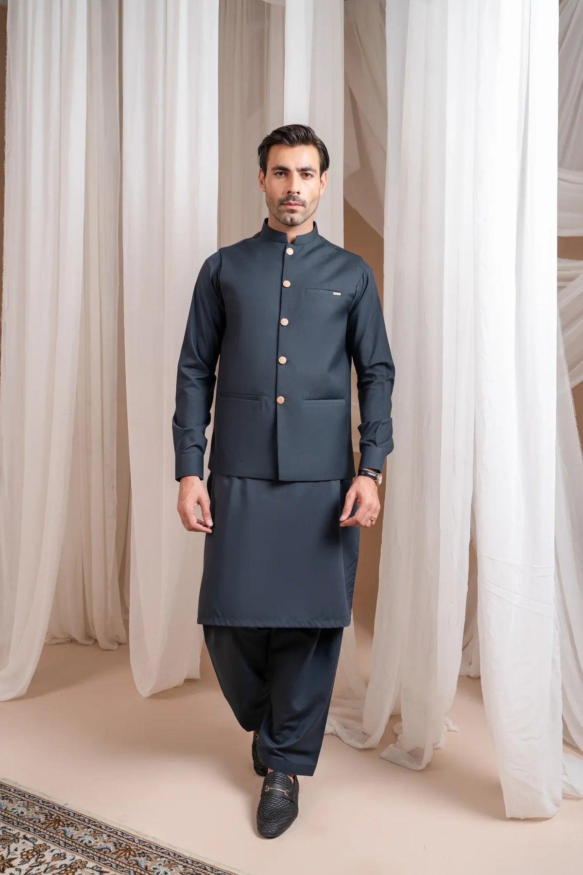 Charcoal Grey Kurta Shalwar with Suiting Waistcoat - Straight Cut - Men
