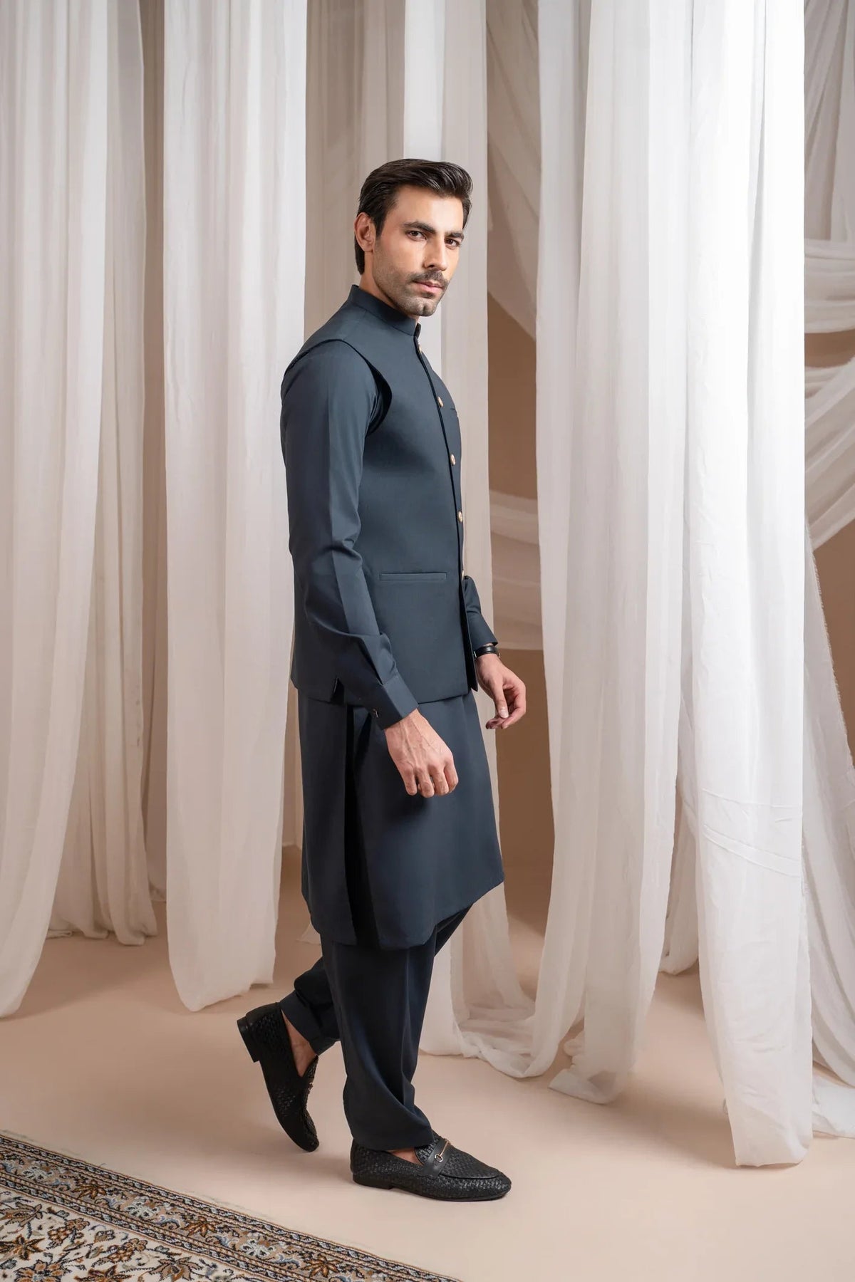 Charcoal Grey Kurta Shalwar with Suiting Waistcoat - Straight Cut - Men
