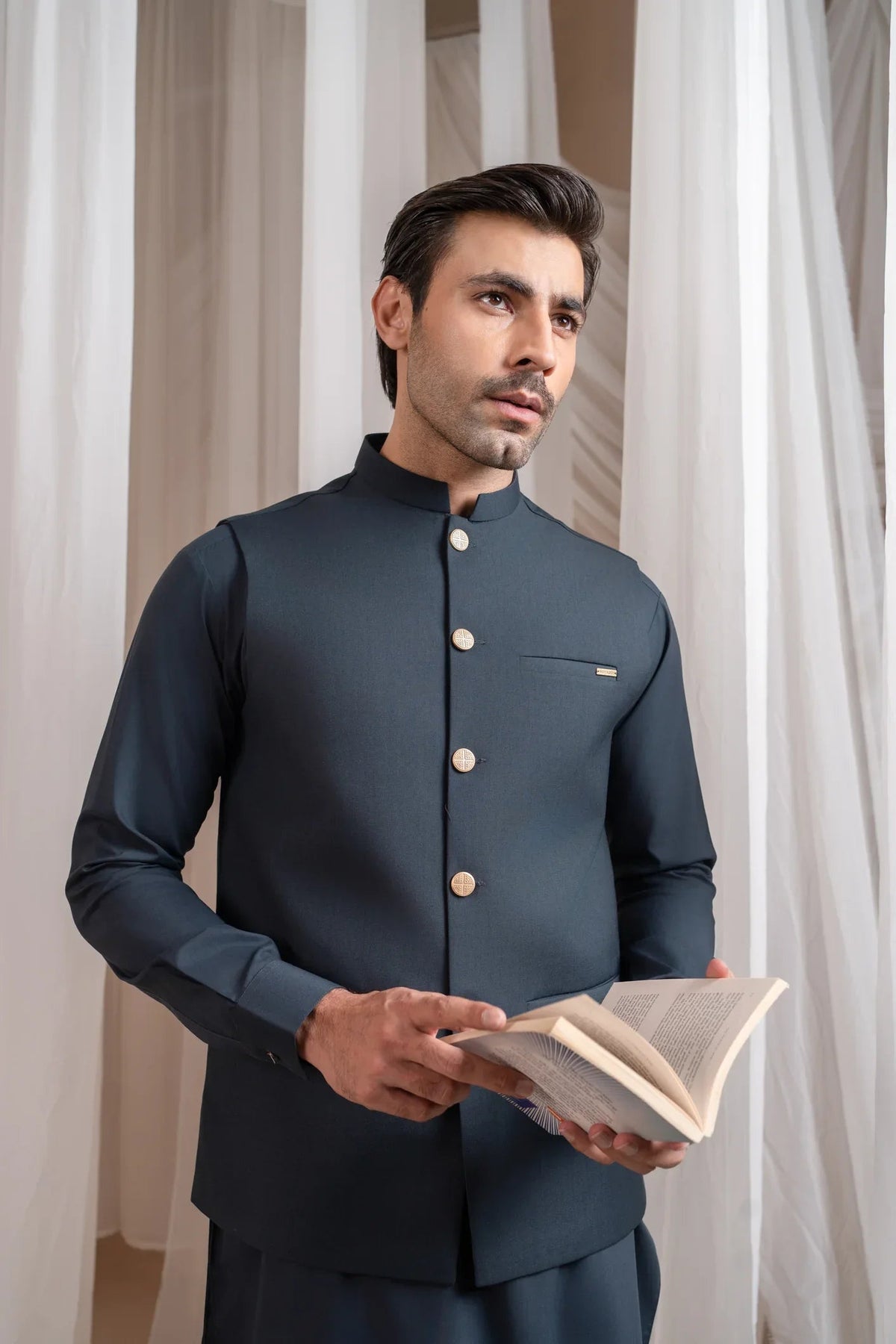 Charcoal Grey Kurta Shalwar with Suiting Waistcoat - Straight Cut - Men