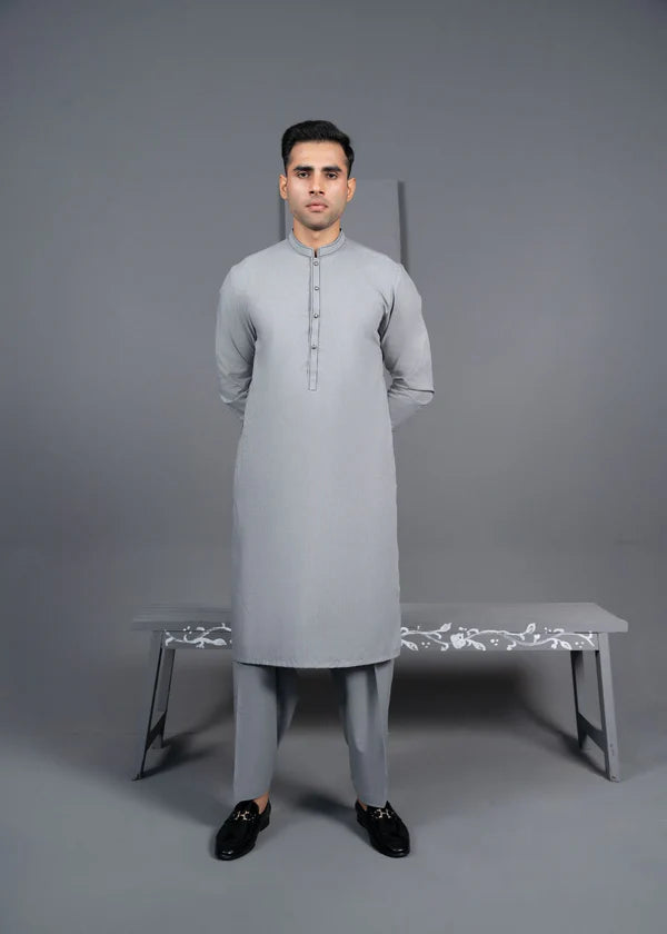 Silver - Detailed Men's Kameez Shalwar - Jeeva Textile