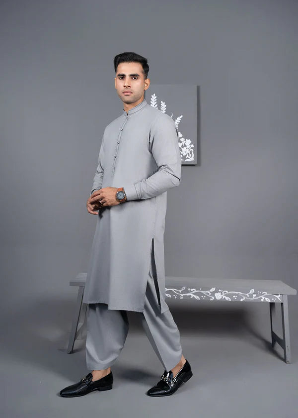 Silver - Detailed Men's Kameez Shalwar - Jeeva Textile