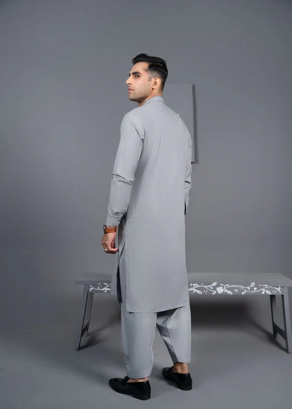 Silver - Detailed Men's Kameez Shalwar - Jeeva Textile