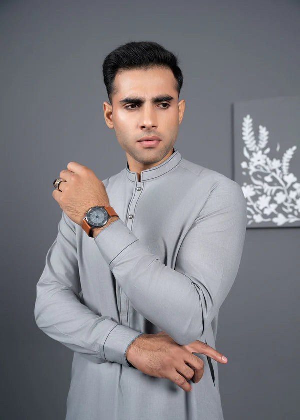 Silver - Detailed Men's Kameez Shalwar - Jeeva Textile