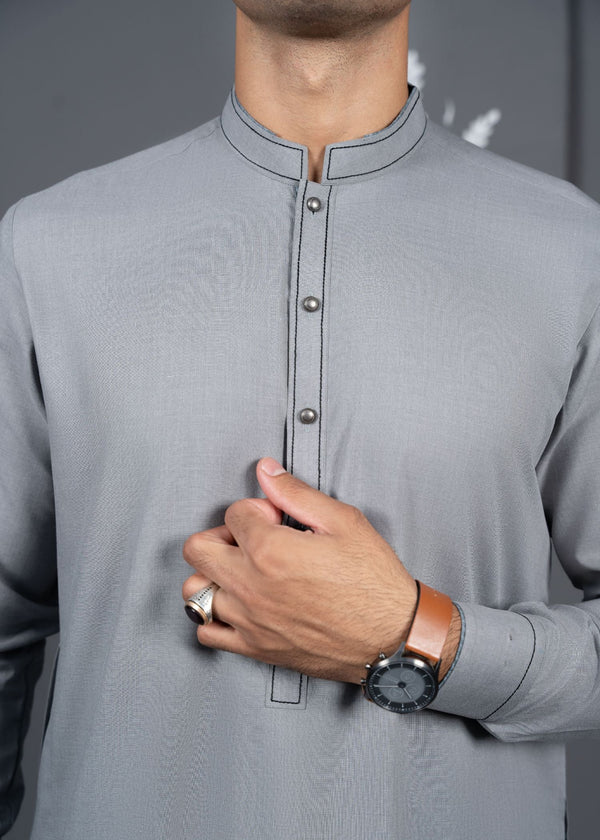 Silver - Detailed Men's Kameez Shalwar - Jeeva Textile
