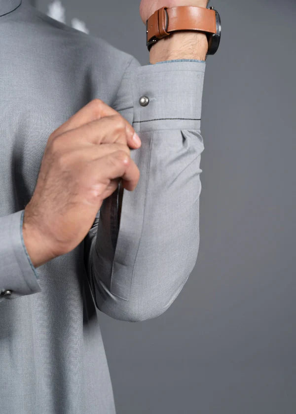 Silver - Detailed Men's Kameez Shalwar - Jeeva Textile