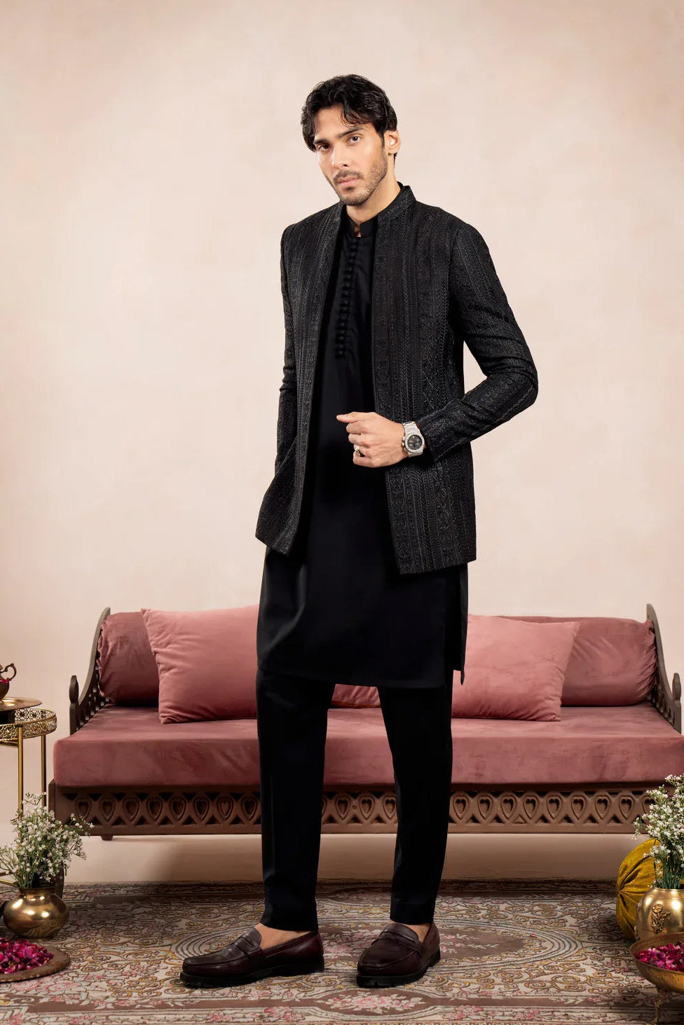 Black Loop Kurta Trouser with Cross Stitched Embroidered Open Prince Coat - 3PC - Men