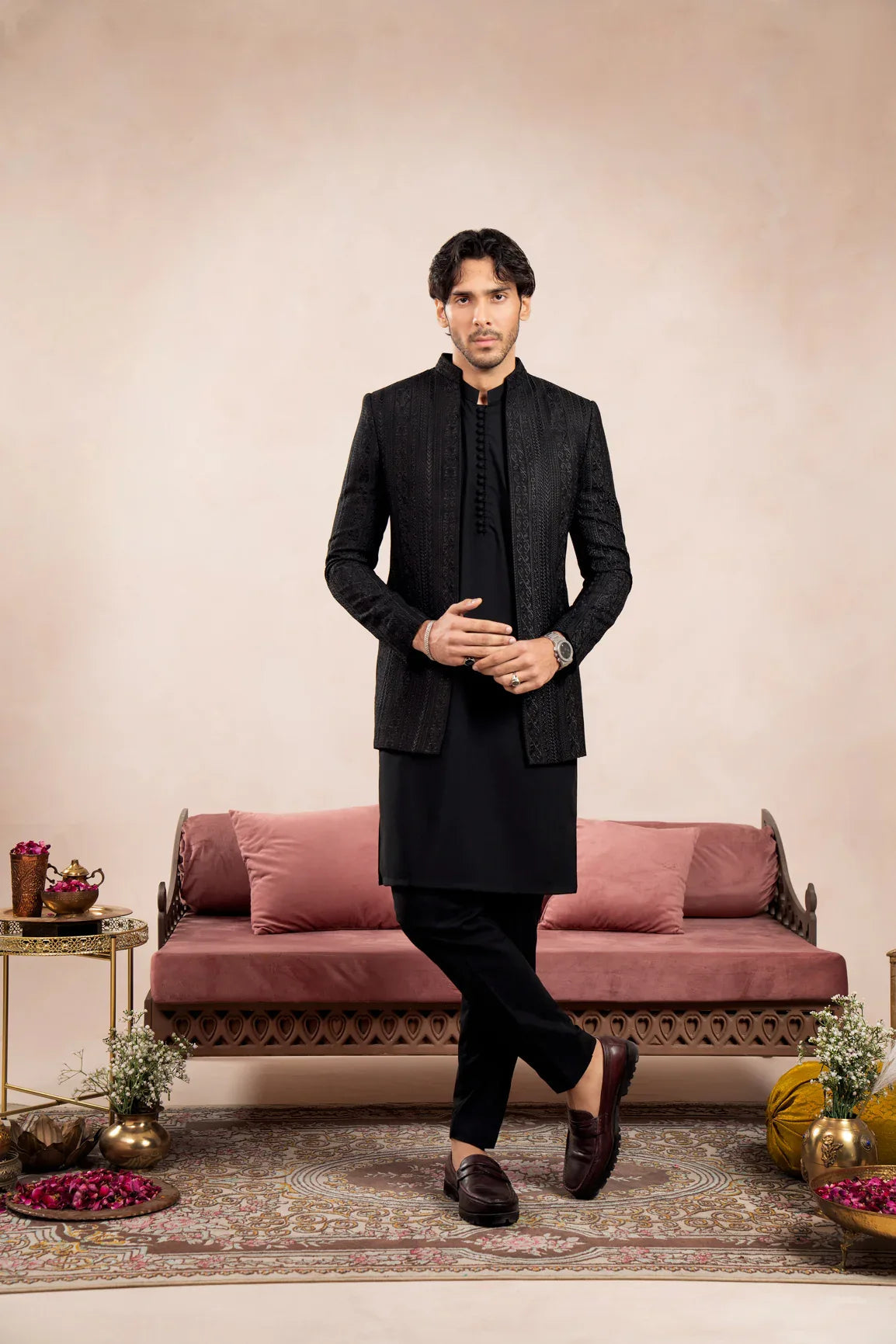 Black Cross Stitched Embroidered Open Prince Coat - Men