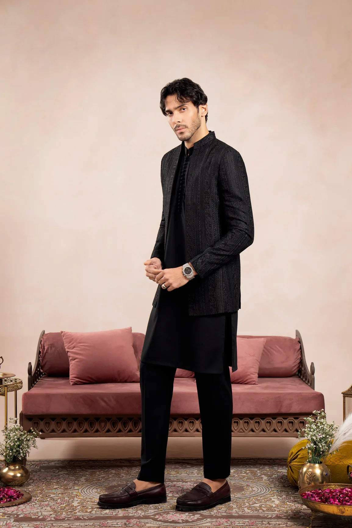 Black Cross Stitched Embroidered Open Prince Coat - Men