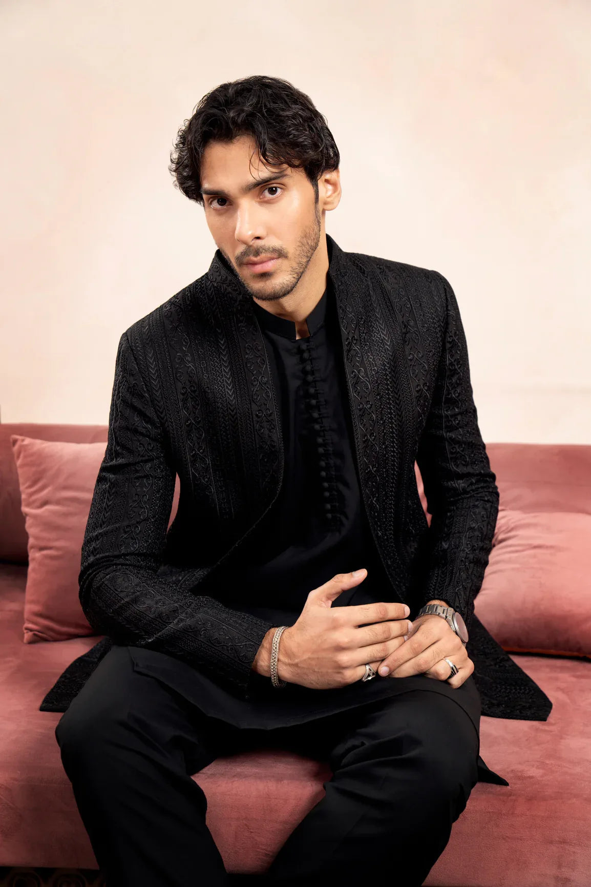 Black Cross Stitched Embroidered Open Prince Coat - Men