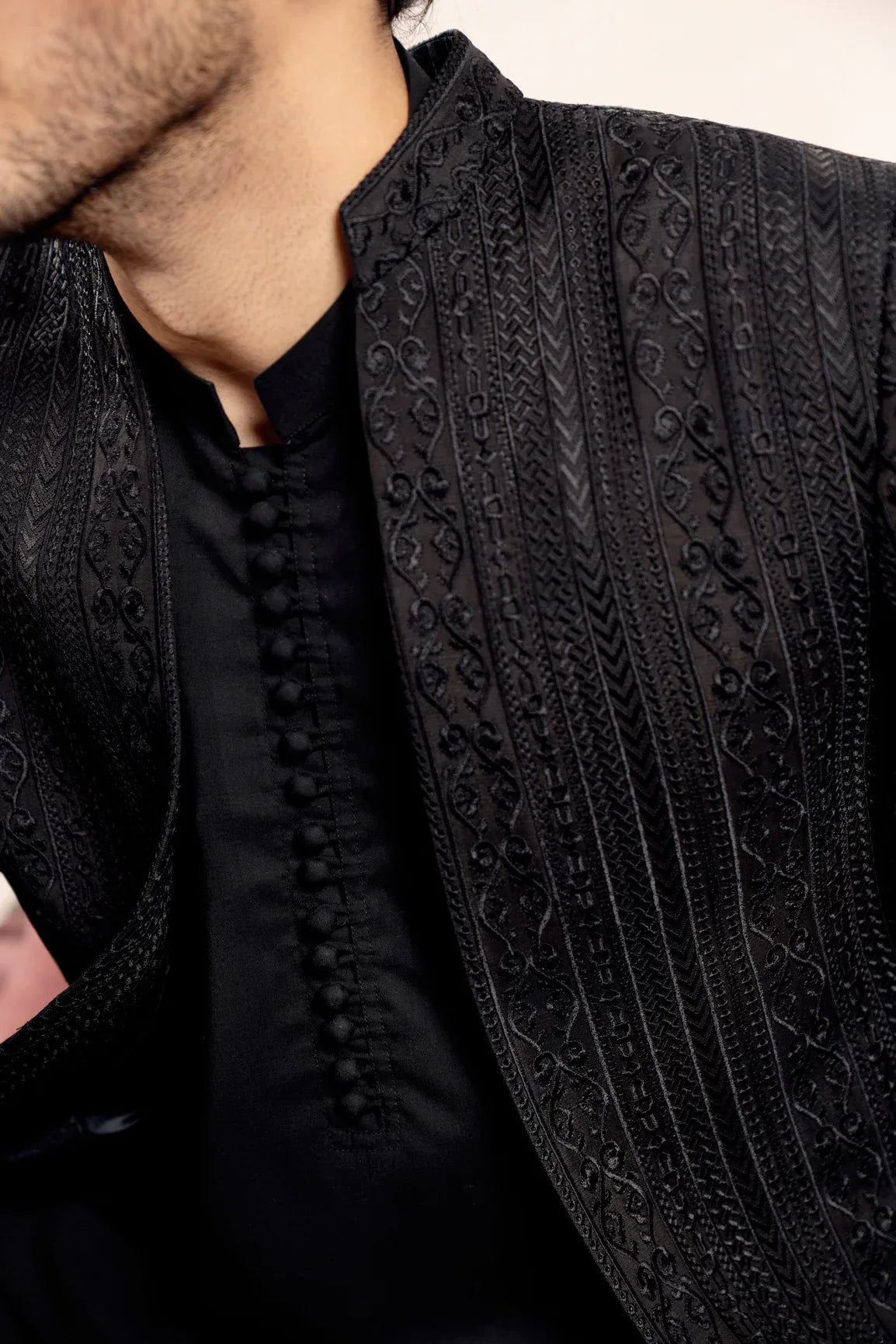 Black Cross Stitched Embroidered Open Prince Coat - Men
