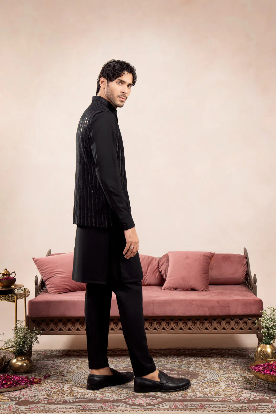 Black Kurta Trouser with Falling Arrow Embroidered Waistcoat - 3PC - Men