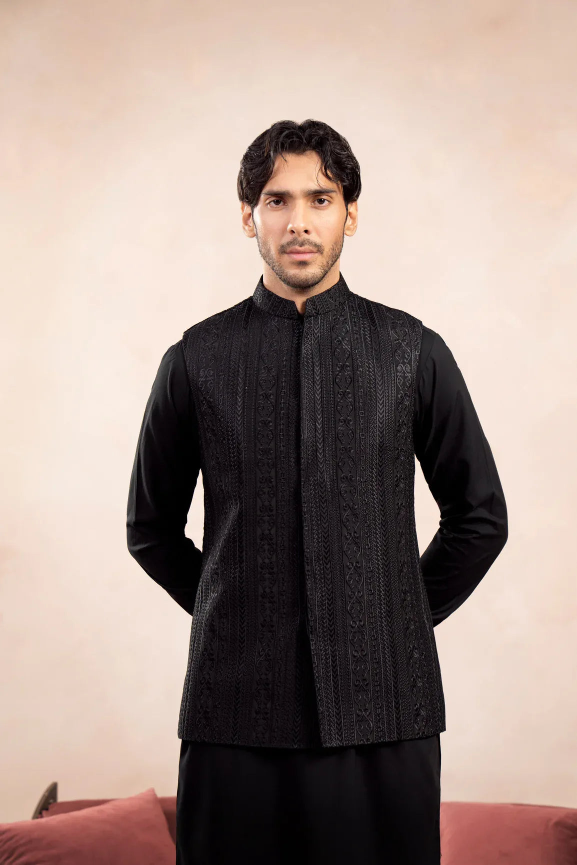 Black Cross Stitched Embroidered Waistcoat - Men