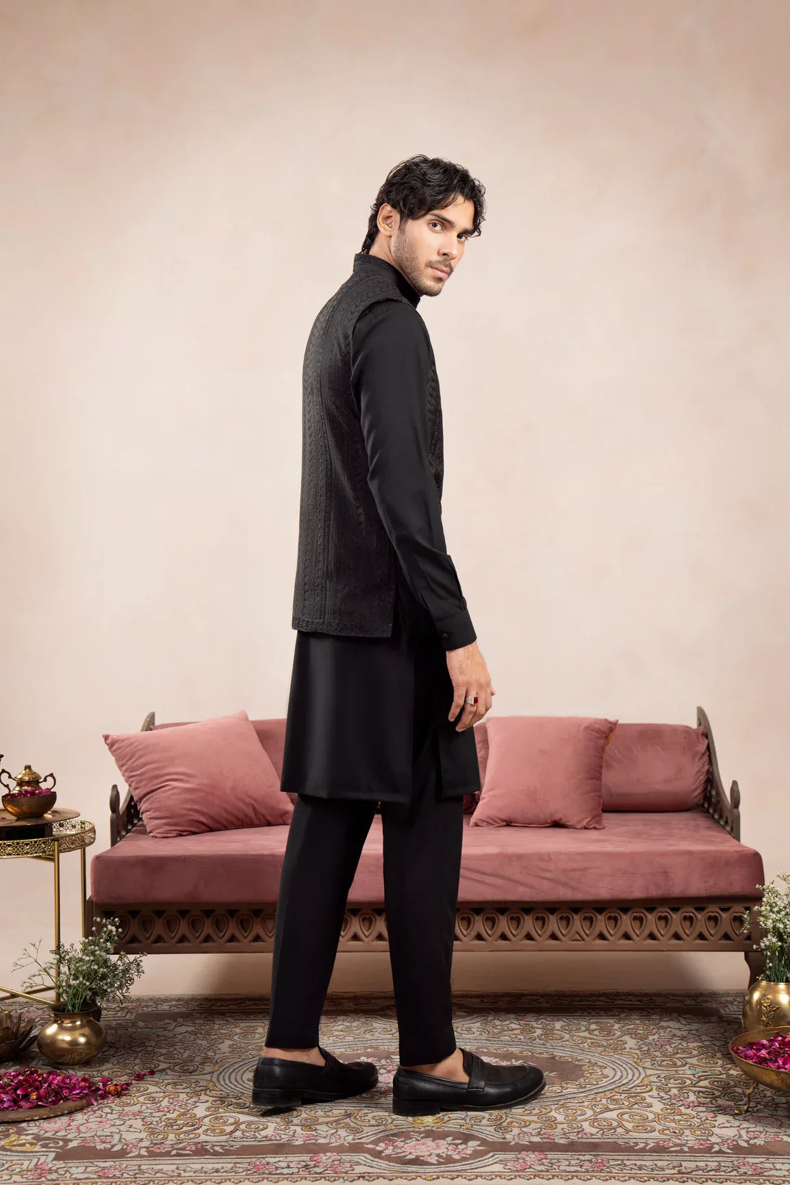 Black Kurta Trouser with Royal Embroidered Waistcoat - 3PC - Men