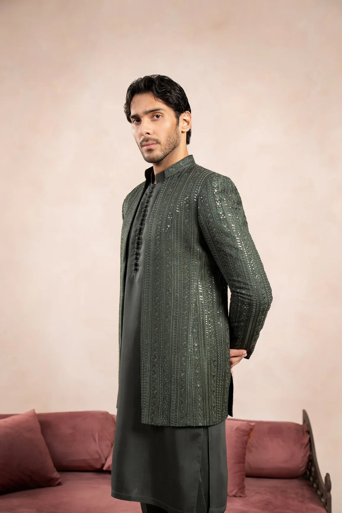 Olive Green Falling Embroidered Open Prince Coat - Men