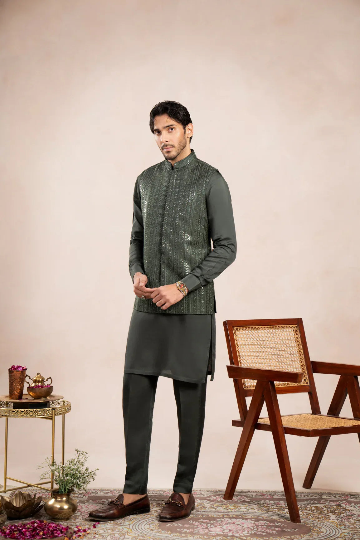 Olive Green Kurta Trouser with Falling Embroidered Waistcoat - 3PC - Men