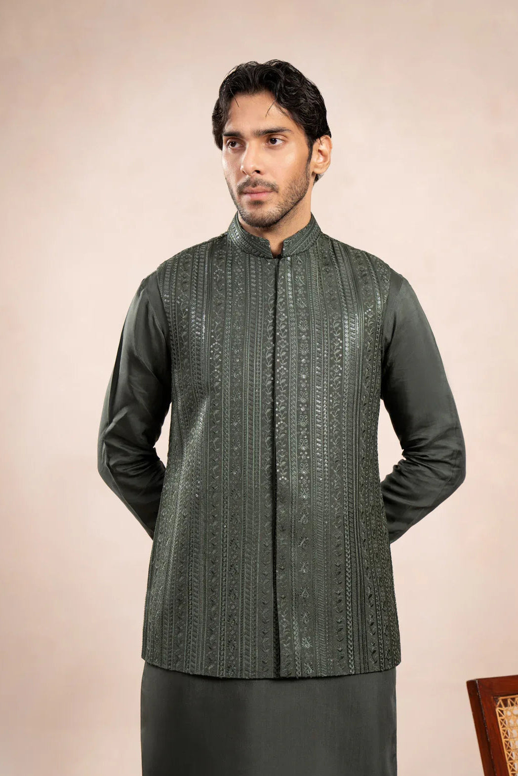 Olive Green Falling Embroidered Waistcoat - Men