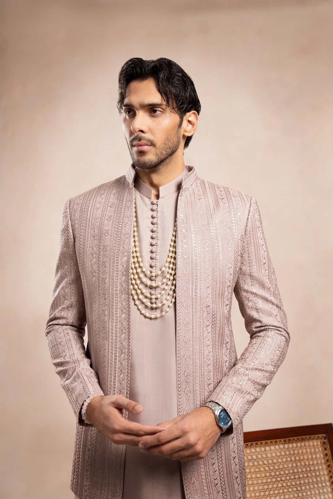 Pink Falling Embroidered Open Prince Coat - Men