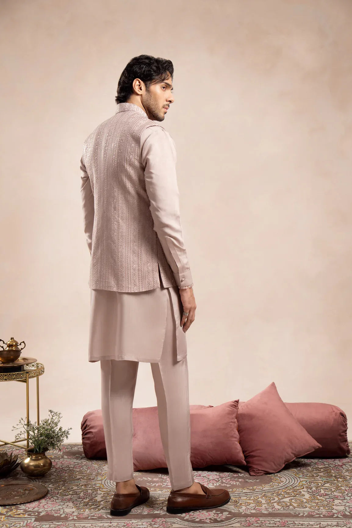 Pink Kurta Trouser Falling Embroidered Waistcoat - 3PC - Men