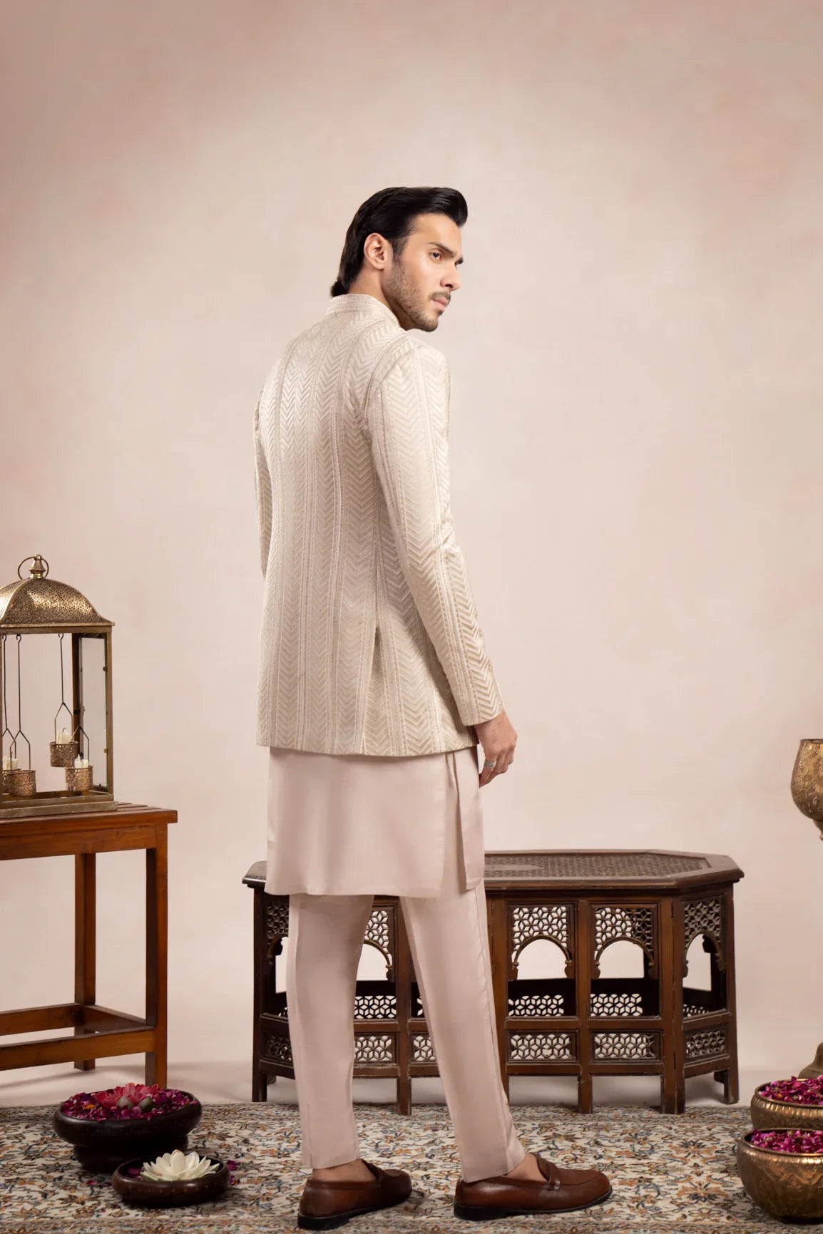 Coffee Beige Loop Kurta Trouser with Arrow Embroidered Open Prince Coat - 3PC - Men