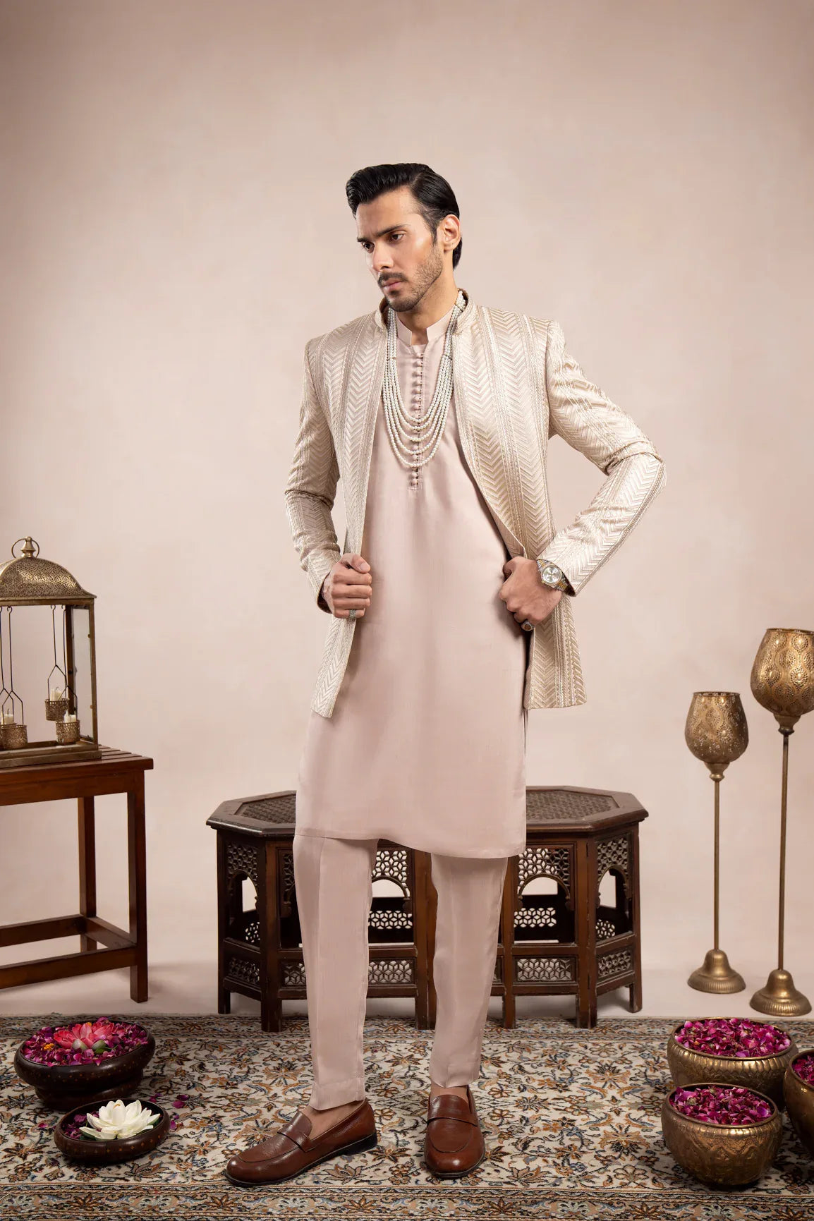Coffee Beige Loop Kurta Trouser with Arrow Embroidered Open Prince Coat - 3PC - Men