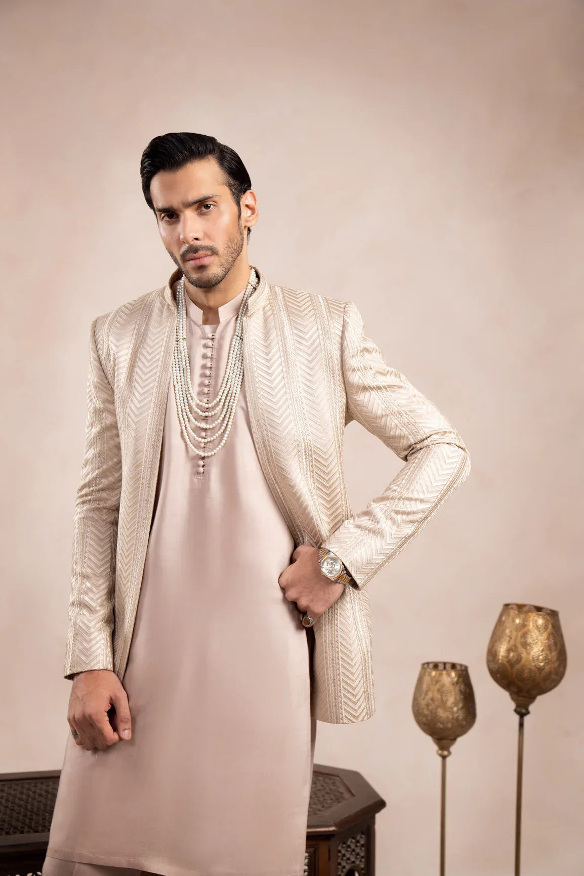 Coffee Beige Loop Kurta Trouser with Arrow Embroidered Open Prince Coat - 3PC - Men