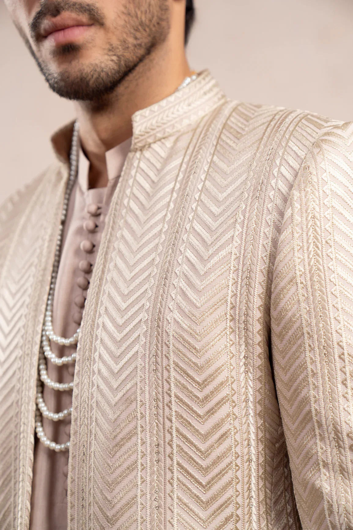 Coffee Beige Loop Kurta Trouser with Arrow Embroidered Open Prince Coat - 3PC - Men