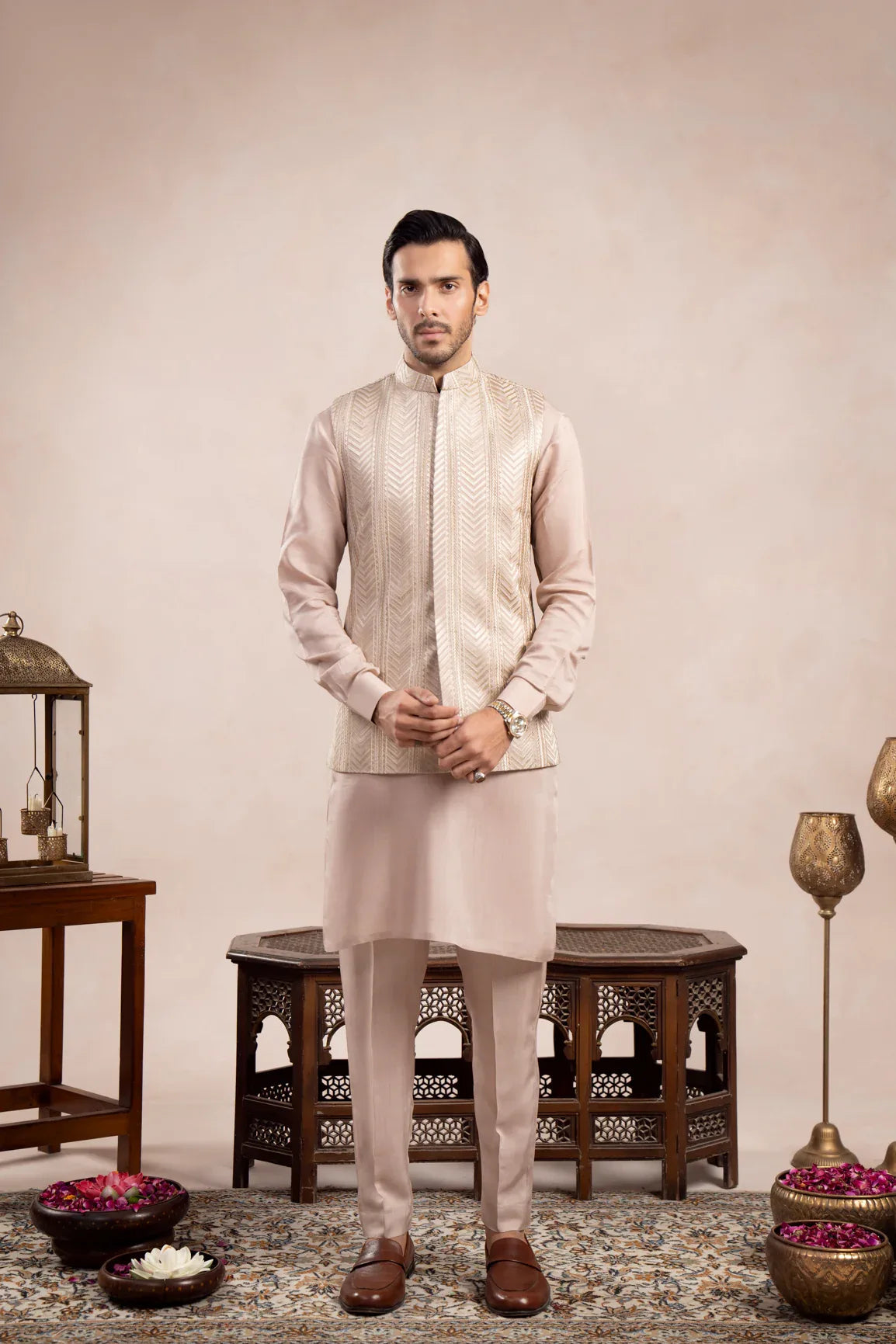 Coffee Beige Arrow Embroidered Waistcoat - Men